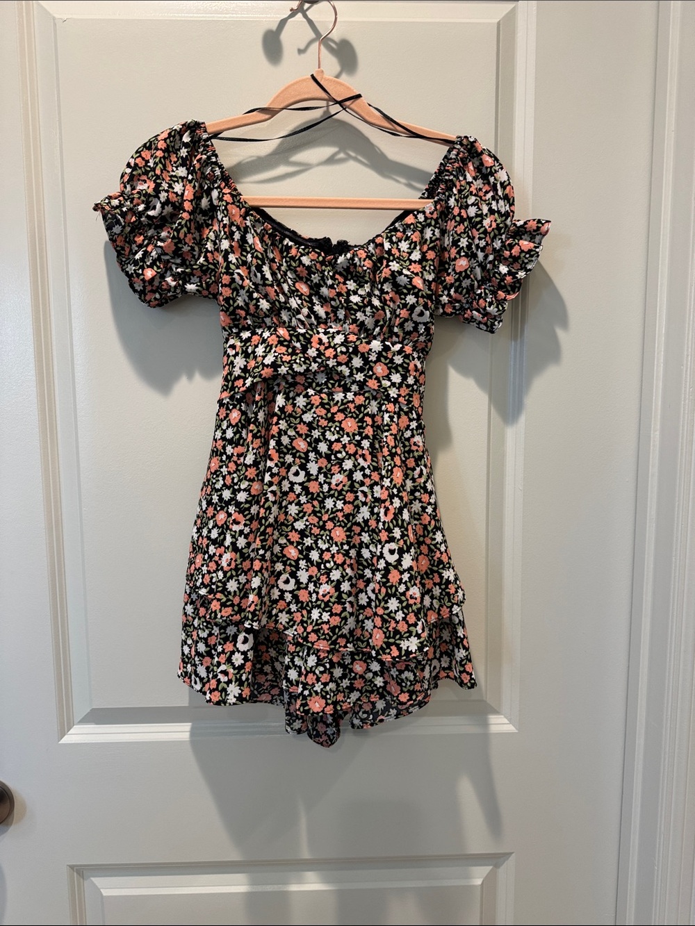 Altar'd State Black Floral Off-Shoulder Romper with Puff Sleeves